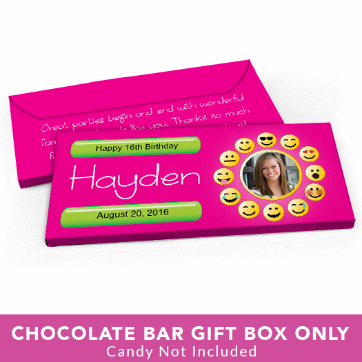 Deluxe Personalized Youth Birthday Emoji Photo Candy Bar Favor Box