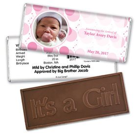 Baby Girl Announcement Personalized Embossed Chocolate Bar Monogram Polka Dot Photo