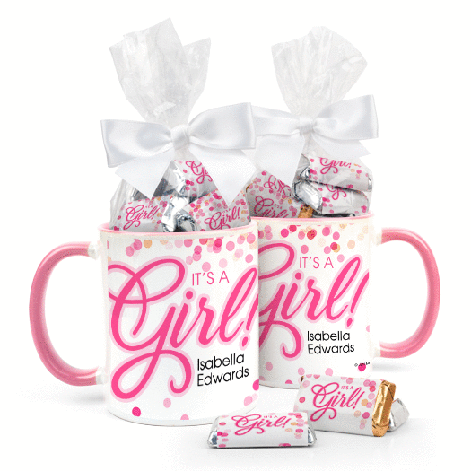 Personalized Baby Girl Announcement Bubbles 11oz Mug with Hershey's Miniatures