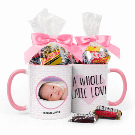 Personalized Baby Girl Announcement Latte Love 11oz Mug with Hershey's Miniatures