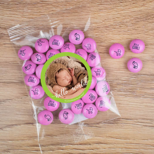 Personalized Girl Birth Announcement Hello World Candy Bag with JC Chocolate Minis