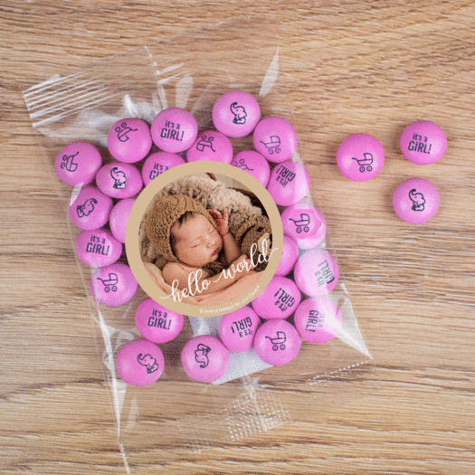 Personalized Girl Birth Announcement Hello World Candy Bag with JC Chocolate Minis