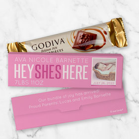 Personalized Girl Birth Announcement She's Here Mini Masterpiece Godiva Chocolate Bar in Gift Box