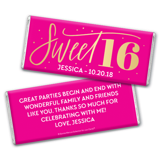 Personalized Bonnie Marcus Sweet 16 Pink & Gold Chocolate Bar & Wrapper