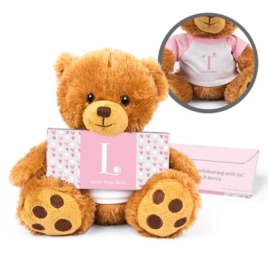 Personalized Birth Announcement Pink Hearts Teddy Bear with Embossed Chocolate Bar in Deluxe Gift Box