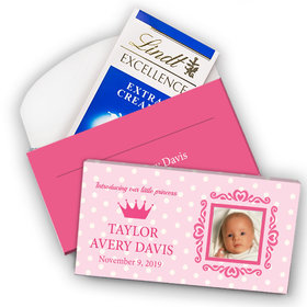 Deluxe Personalized Girl Birth Announcement Dots & Crown Lindt Chocolate Bar in Gift Box (3.5oz)