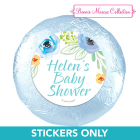 Personalized Bonnie Marcus Baby Shower Watercolor Blossom Wreath Blue 1.25" Stickers (48 Stickers)