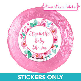 Personalized Bonnie Marcus Pink Floral Wreath Baby Shower 1.25in Stickers (48 Stickers)