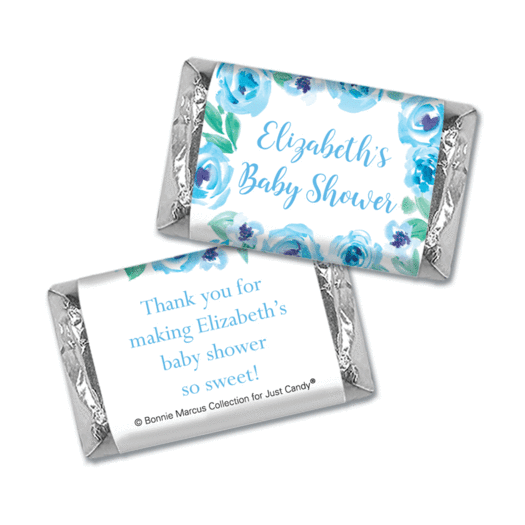 Personalized Bonnie Marcus Blue Floral Wreath Baby Shower Mini Wrappers