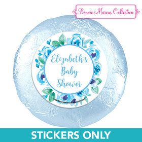 Personalized Bonnie Marcus Baby Shower Blue Floral Wreath 1.25in Stickers (48 Stickers)