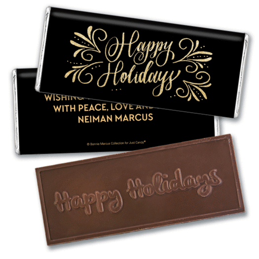 Personalized Bonnie Marcus Happy Holidays Flourish Embossed Chocolate Bar & Wrapper