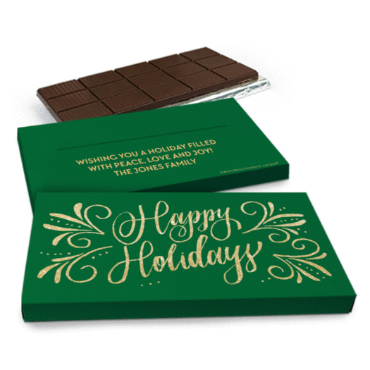 Deluxe Personalized Bonnie Marcus Christmas Happy Holidays Flourish Chocolate Bar in Gift Box (3oz Bar)