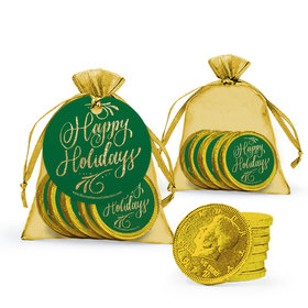 Bonnie Marcus Happy Holidays Flourish Chocolate Coins in XS Organza Bags with Gift Tag