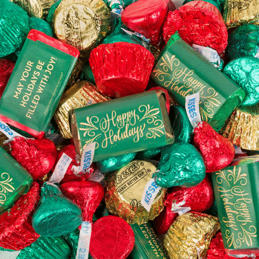 Happy Holidays Hershey's Miniatures, Kisses and Reese's Peanut Butter Cups