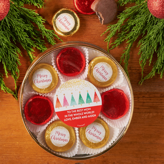 Personalized Christmas Shimmering Pines Large Plastic Tin with 8 Chocolate Covered Oreo Cookies