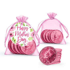 Mother's Day Pink Floral Milk Chocolate Coins in Organza Bags with Gift Tag