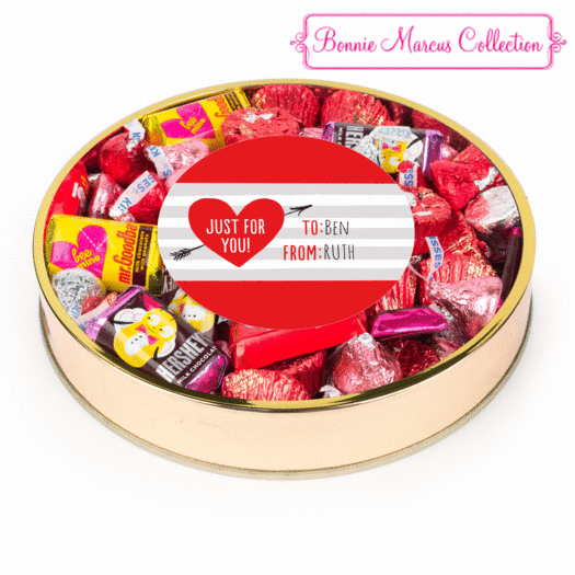 Personalized Valentine's Day Heart Stripes Large Plastic Tin Hershey's & Reese's Mix