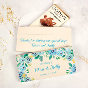 Deluxe Personalized Wedding Blue Flowers Godiva Chocolate Bar in Gift Box