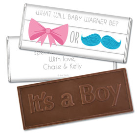 Baby Shower Embossed It's a Boy Chocolate Bar Gender Reveal Bow or Mustache