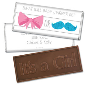 Baby Shower Embossed It's a Girl Chocolate Bar Gender Reveal Bow or Mustache