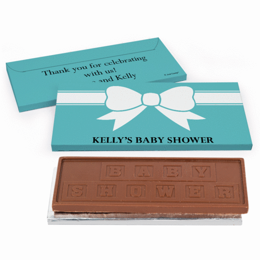 Deluxe Personalized Baby Shower Tiffany Bow Theme Chocolate Bar in Gift Box