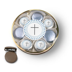 Confirmation Blue Dotted Circle Calvary Cross Chocolate Covered Oreo Cookies Large Plastic Tin