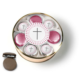 Confirmation Pink Dotted Circle Calvary Cross Chocolate Covered Oreo Cookies Extra-Large Plastic Tin