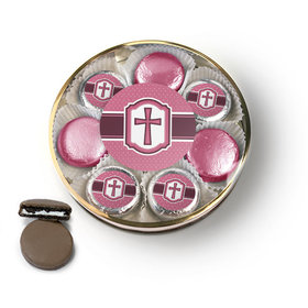 Confirmation Pink Hexagonal Pattern Engraved Cross Chocolate Covered Oreo Cookies Large Plastic Tin