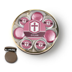 Personalized Confirmation Pink Hexagonal Pattern Engraved Cross Chocolate Covered Oreo Cookies Large Plastic Tin