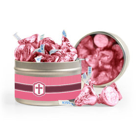 Confirmation Pink Hexagonal Pattern Engraved Cross 8oz Tin with Label
