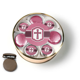 Confirmation Pink Hexagonal Pattern Engraved Cross Chocolate Covered Oreo Cookies Extra-Large Plastic Tin
