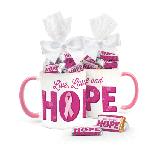Personalized Breast Cancer Awareness Live Love Hope 11oz Mug with approx. 24 Add Your Logo Hershey's Miniatures