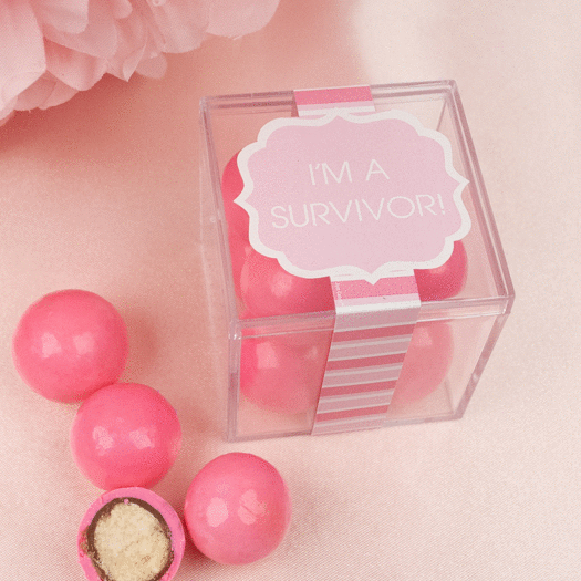 Personalized Breast Cancer Awareness JUST CANDY® favor cube with Premium Malted Milk Balls
