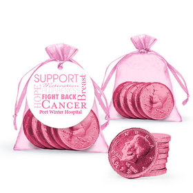 Personalized Breast Cancer Awareness Strength in Words Milk Chocolate Coins in Organza Bags with Gift Tag