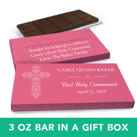 Deluxe Personalized Girl First Communion Elegant Cross Chocolate Bar in Gift Box (3oz Bar)