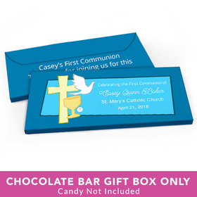 Deluxe Personalized First Communion Chalice, Dove & Cross Candy Bar Favor Box