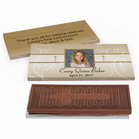 Deluxe Personalized First Communion Photo, Cross & Scroll Embossed Chocolate Bar in Gift Box