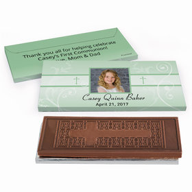 Deluxe Personalized First Communion Photo, Cross & Scroll Embossed Chocolate Bar in Gift Box