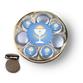 First Communion Blue Chalice & Holy Host Chocolate Covered Oreo Cookies Large Plastic Tin