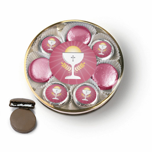 First Communion Pink Chalice & Holy Host Chocolate Covered Oreo Cookies Large Plastic Tin