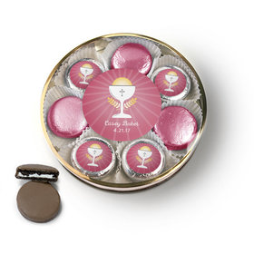 Personalized First Communion Pink Chalice & Holy Host Chocolate Covered Oreo Cookies Large Plastic Tin