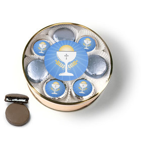 First Communion Blue Chalice & Holy Host Chocolate Covered Oreo Cookies Extra-Large Plastic Tin