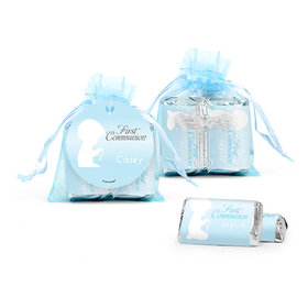 Personalized Communion Child in Prayer Cross Organza Bag with Hershey's Miniatures