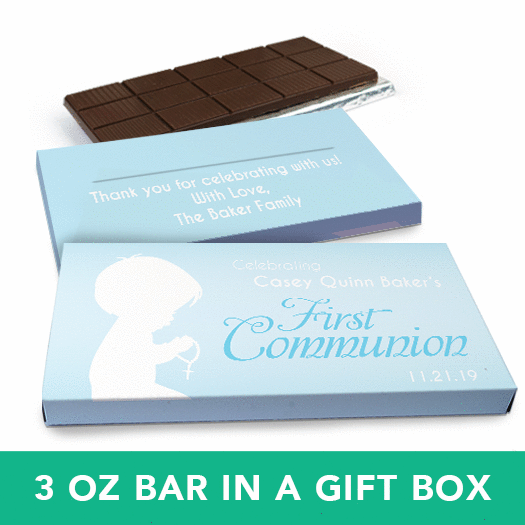 Deluxe Personalized Boy First Communion Child in Prayer Chocolate Bar in Gift Box (3oz Bar)