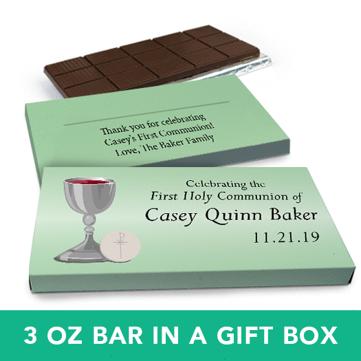 Deluxe Personalized Boy First Communion Host & Silver Chalice Chocolate Bar in Gift Box (3oz Bar)