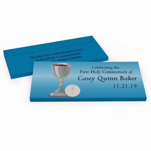 Deluxe Personalized First Communion Host & Silver Chalice Chocolate Bar in Gift Box