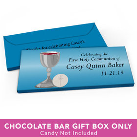Deluxe Personalized First Communion Host & Silver Chalice Candy Bar Favor Box