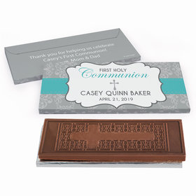 Deluxe Personalized First Communion Fluer Di Lis Cross Embossed Chocolate Bar in Gift Box