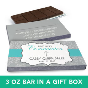 Deluxe Personalized Boy First Communion Fluer Di Lis Cross Chocolate Bar in Gift Box (3oz Bar)