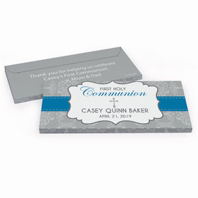 Deluxe Personalized First Communion Fluer Di Lis Cross Chocolate Bar in Gift Box